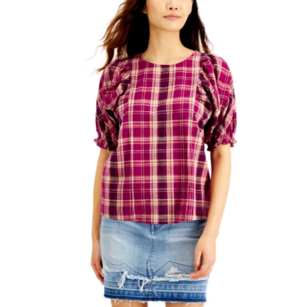 INC International Concepts Madison Plaid Puff-Sleeve Cotton-Linen Top Sz M‎ 315K